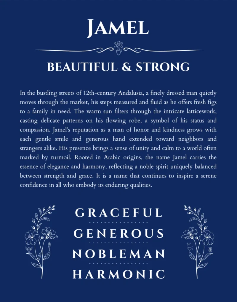 Jamel custom name art showing meaning and origin in deep blue