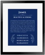 Jamel custom name art showing meaning and origin in deep blue with black matte frame