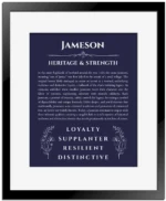 Jameson name meaning gift print in navy blue with black matte frame