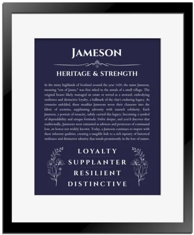 Jameson name meaning gift print in navy blue with black matte frame