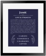 Jamie name meaning wall art by Get Your Story in navy blue with black matte frame