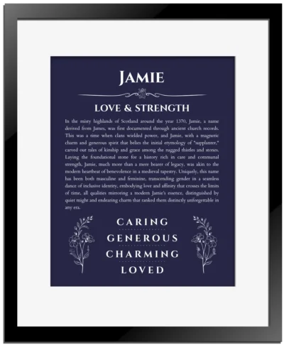 Jamie name meaning wall art by Get Your Story in navy blue with black matte frame