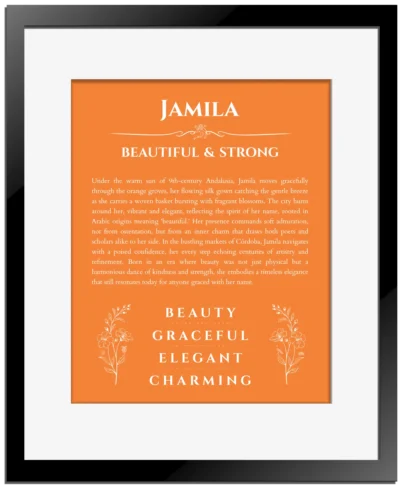 Jamila name meaning wall art by Get Your Story in orange with black matte frame