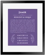 Jamir custom name art showing meaning and origin in purple with black matte frame