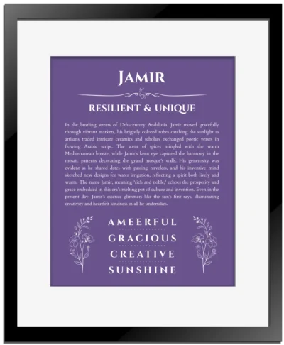 Jamir custom name art showing meaning and origin in purple with black matte frame