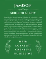 Jamison name origin print with meaning and traits in dark green