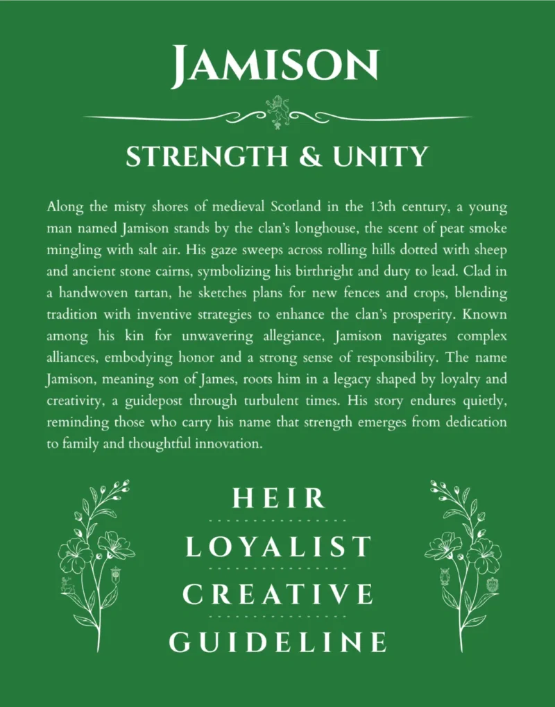 Jamison name origin print with meaning and traits in dark green