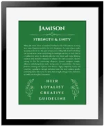 Jamison name origin print with meaning and traits in dark green with black matte frame
