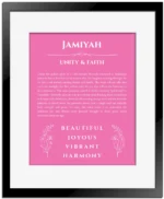 Jamiyah personalized wall art with the story of your name in pink with black matte frame