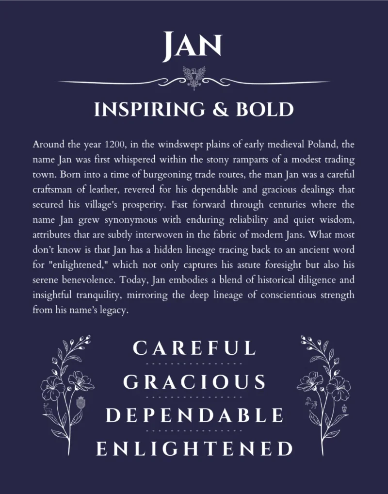 Jan personalized name print with origin and traits in navy blue