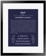 Jan personalized name print with origin and traits in navy blue with black matte frame