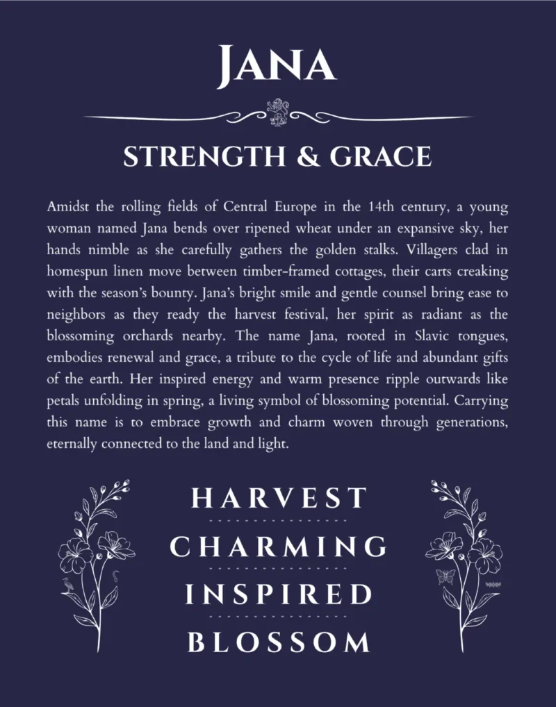 Jana custom name art showing meaning and origin in navy blue