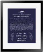 Jana custom name art showing meaning and origin in navy blue with black matte frame