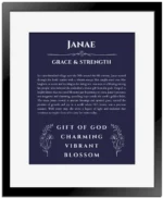 Janae name meaning gift print in navy blue with black matte frame