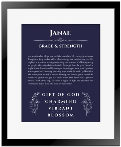 Janae name meaning gift print in navy blue with black matte frame