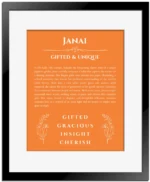 Janai custom name meaning print in orange with black matte frame