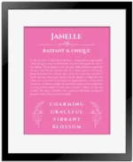 Janelle personalized name meaning print in pink with black matte frame