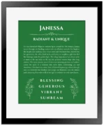 Janessa name meaning gift print in dark green with black matte frame