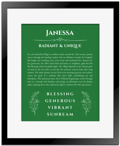 Janessa name meaning gift print in dark green with black matte frame