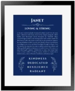 Janet personalized wall art with the story of your name in deep blue with black matte frame