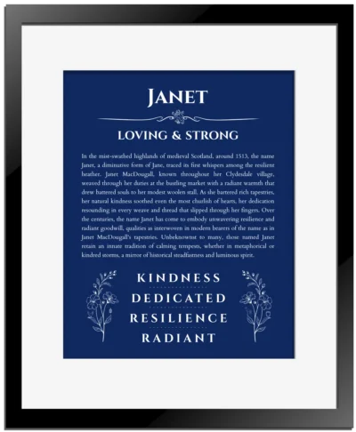Janet personalized wall art with the story of your name in deep blue with black matte frame