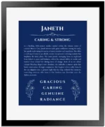 Janeth name origin print with meaning and traits in deep blue with black matte frame