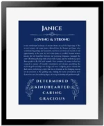 Janice personalized name meaning print in deep blue with black matte frame