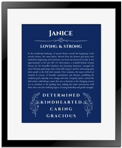 Janice personalized name meaning print in deep blue with black matte frame
