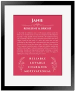Janie custom name meaning print in red with black matte frame