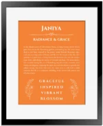Janiya custom name print for wall display in orange with black matte frame