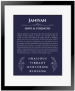 Janiyah personalized name art with origin story in navy blue with black matte frame