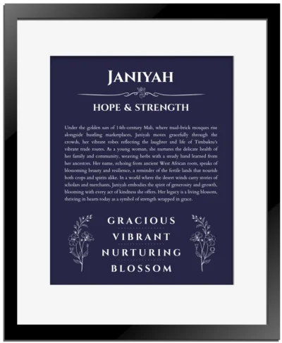 Janiyah personalized name art with origin story in navy blue with black matte frame
