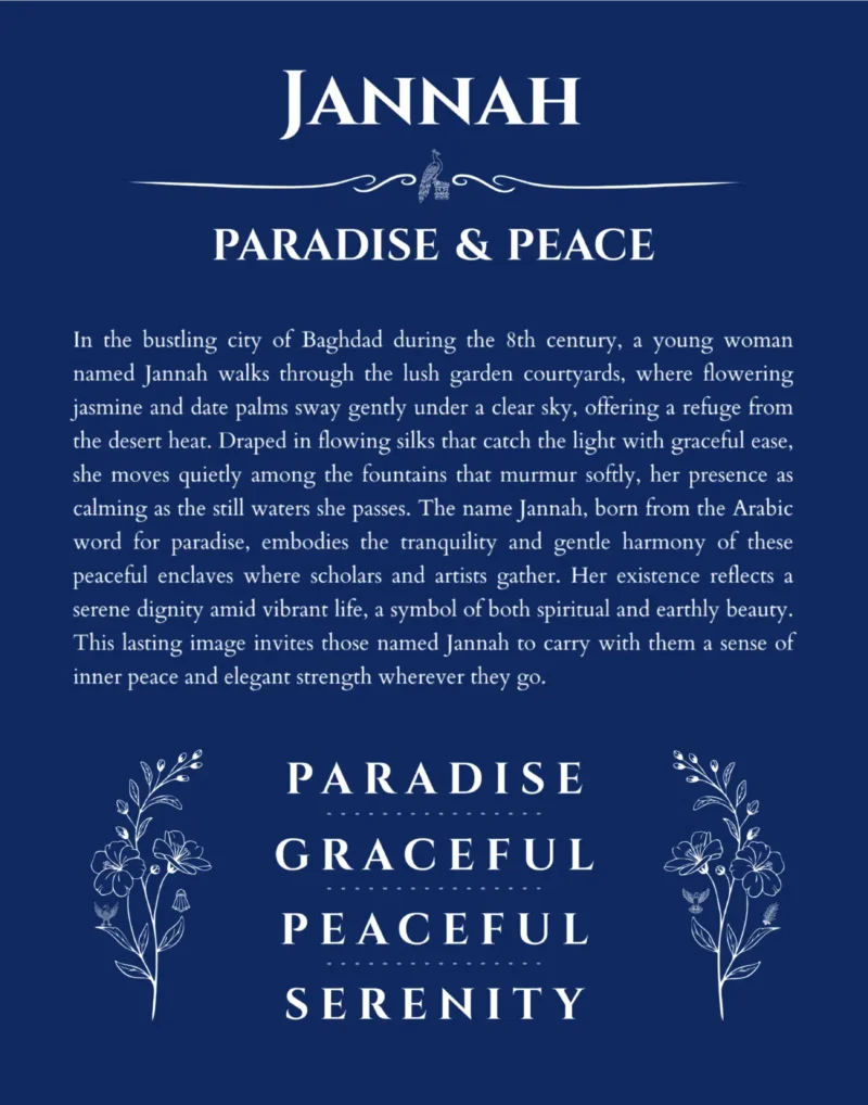 Jannah personalized name art with origin story in deep blue