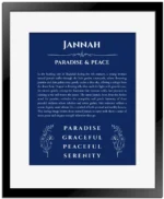 Jannah personalized name art with origin story in deep blue with black matte frame