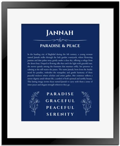 Jannah personalized name art with origin story in deep blue with black matte frame