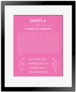 Janyla name meaning gift print in pink with black matte frame