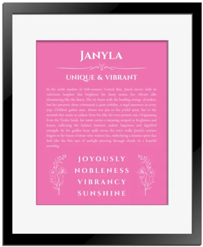 Janyla name meaning gift print in pink with black matte frame