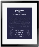 Jaquan name meaning wall art by Get Your Story in navy blue with black matte frame