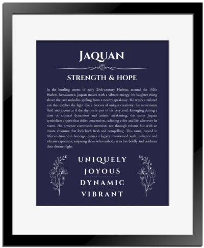 Jaquan name meaning wall art by Get Your Story in navy blue with black matte frame