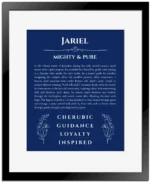 Jariel personalized name print with origin and traits in deep blue with black matte frame