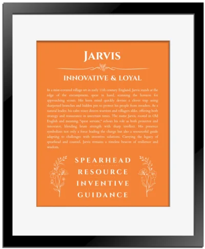 Jarvis custom name meaning print in orange with black matte frame