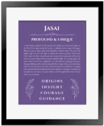 Jasai custom name print for wall display in purple with black matte frame