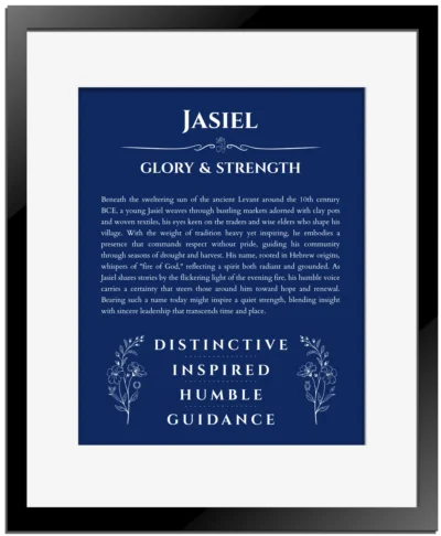 Jasiel name meaning wall art by Get Your Story in deep blue with black matte frame
