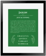 Jaslin personalized name meaning print in dark green with black matte frame