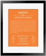 Jaslyn custom name print for wall display in orange with black matte frame