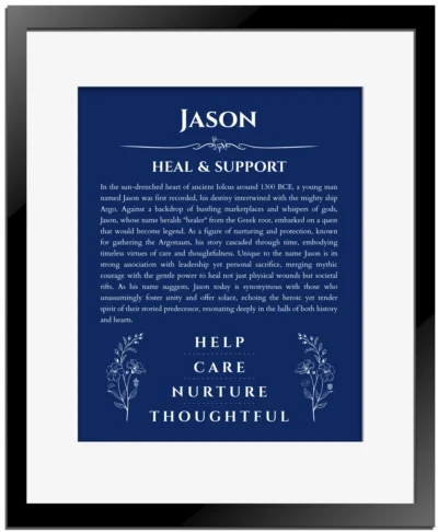 Jason personalized name meaning print in deep blue with black matte frame