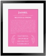 Jassiel personalized name art with origin story in pink with black matte frame