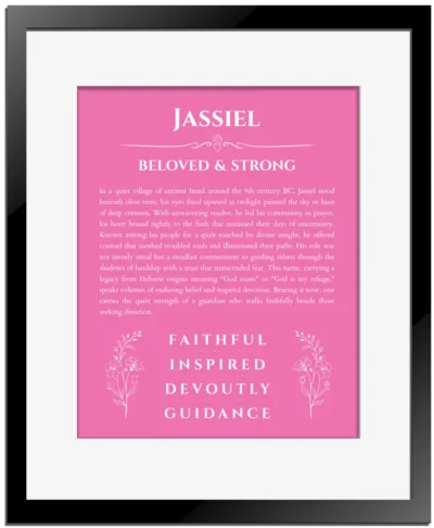 Jassiel personalized name art with origin story in pink with black matte frame