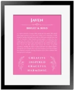 Javen personalized wall art with the story of your name in pink with black matte frame