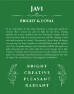 Javi personalized name art with origin story in dark green